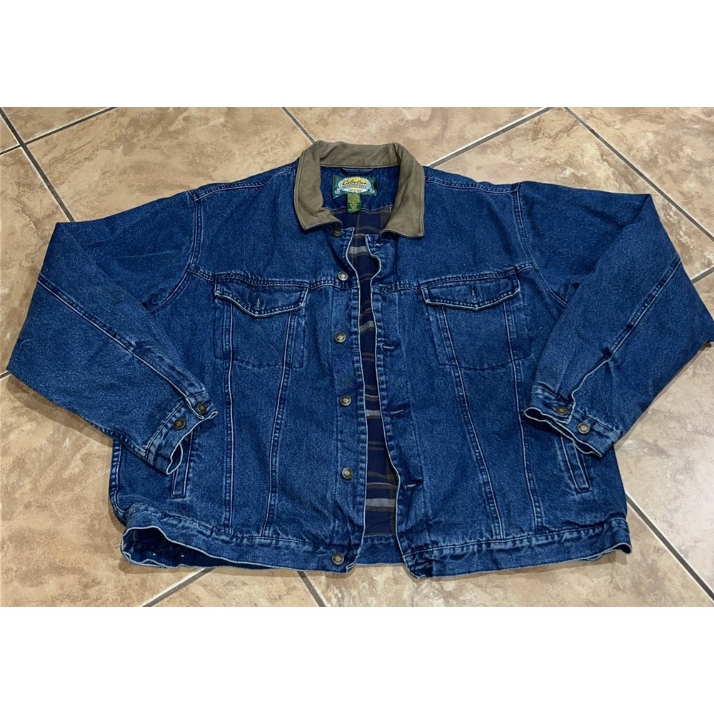 Vintage 90s Cabela's Denim Jacket W/ Leather Collar Flannel Lining Size 2XL Tall